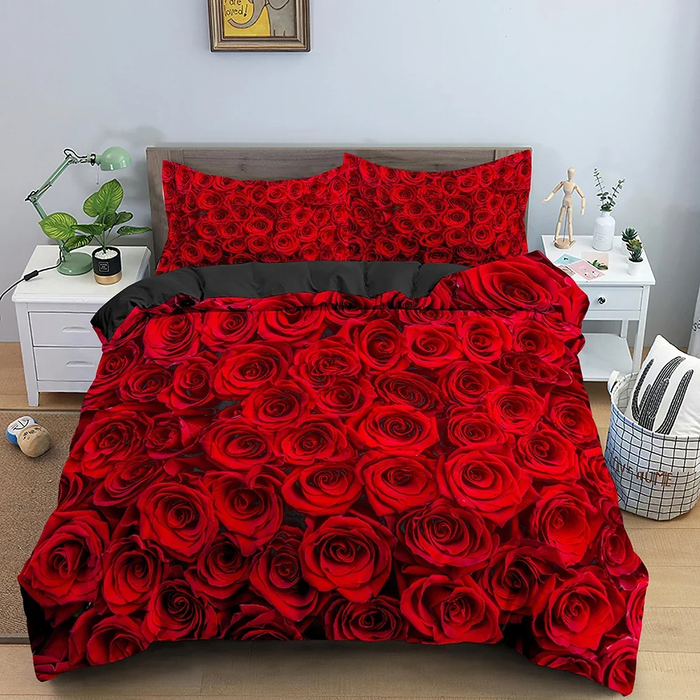 

Rose Flower Bedding Set Red Blue Rose Print Duvet Cover with Pillow Case Valentine's Day Bed Decor King Size Quilt Cover 2/3pcs