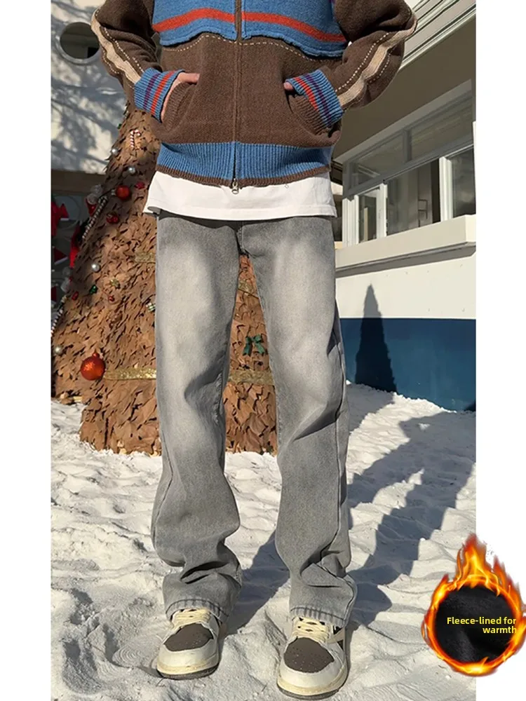 

Мужские джинсы с подкладкой e ey Fce, американские ретро-джинсы прямого кроя, оверсайз, длинные брюки, осенне-зимняя модная тенденция для молодежи