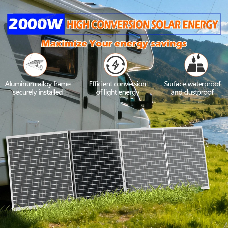 Panneau solaire pliable haute puissance 2000W/1000W, charge haute efficacité 12V, adapté aux systèmes d'énergie solaire domestiques/camping/extérieur