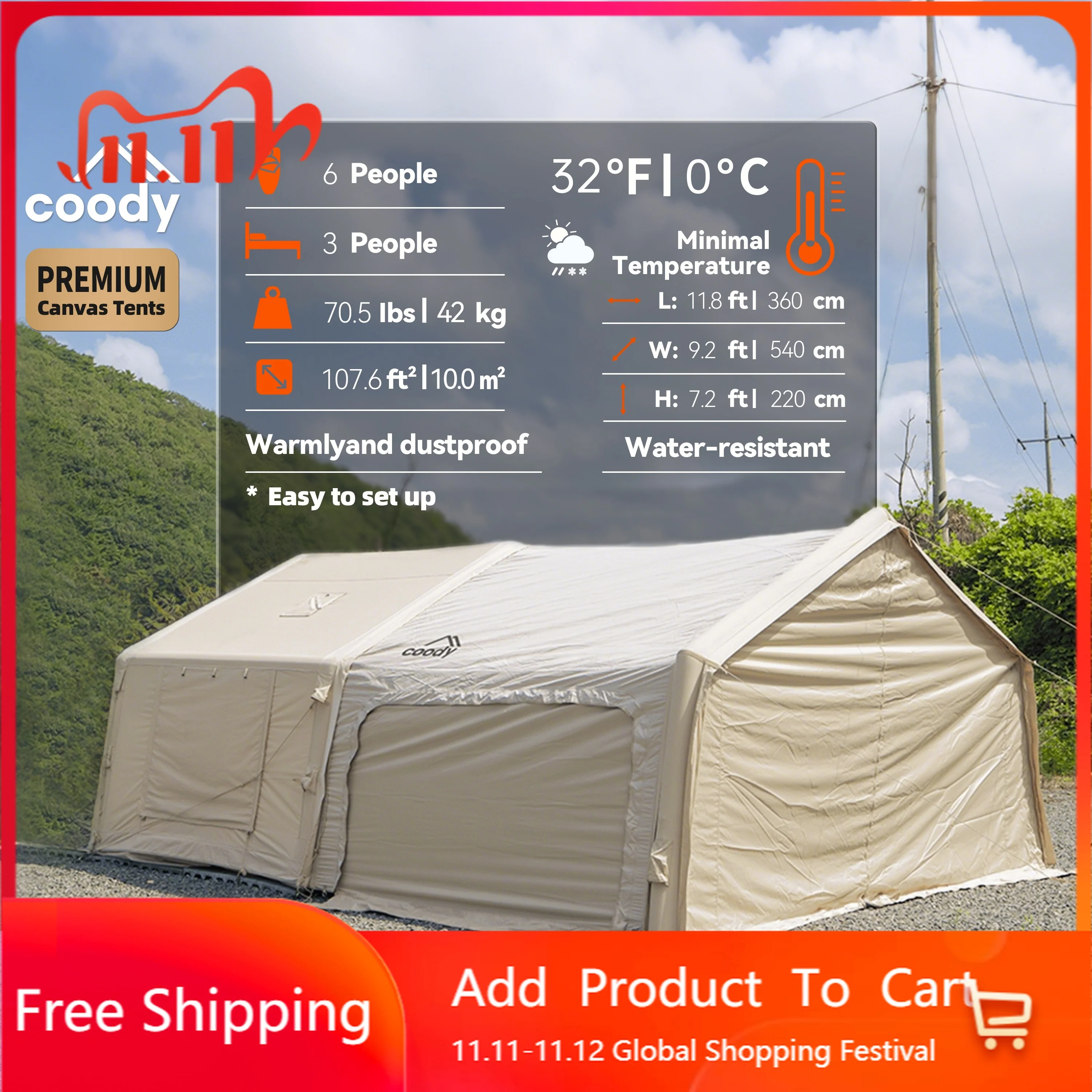 eige Coody 10.0+ Air Tent With Foyer Waterproof Luxury Portable Camping Glamping Tent