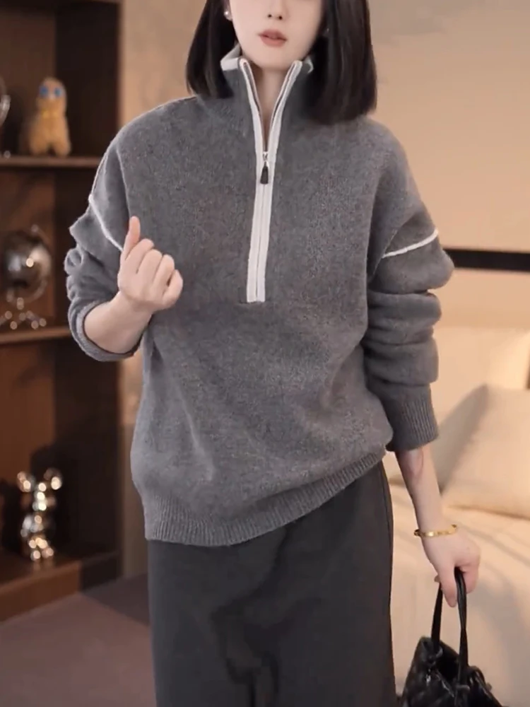 

Свитер женский свободного кроя с молнией, воротником в стиле колор-блок, повседневный, больших размеров, в корейском стиле, с эффектом похудения