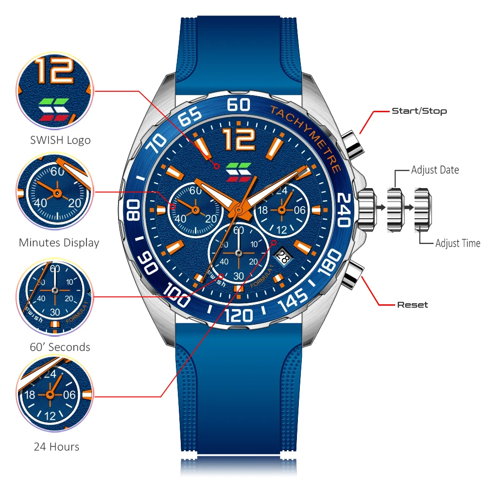 2023 SWISH Sport Luxury Watch for Men Sport Chronograph Blue Wrist Watch Casual Male Watches Waterproof Clock Relogio Masculino