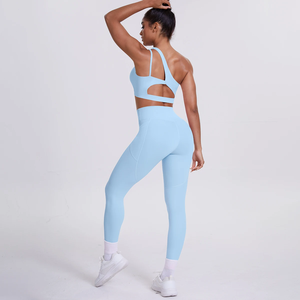 2-teiliges einfarbiges Sport-Yoga-Set für Damen, sexy, schräger Schulter-BH, Fitness-Top, Laufen, Radfahren, Taschen, Hosen, Fitnessstudio, Yoga-Set – Detail 33