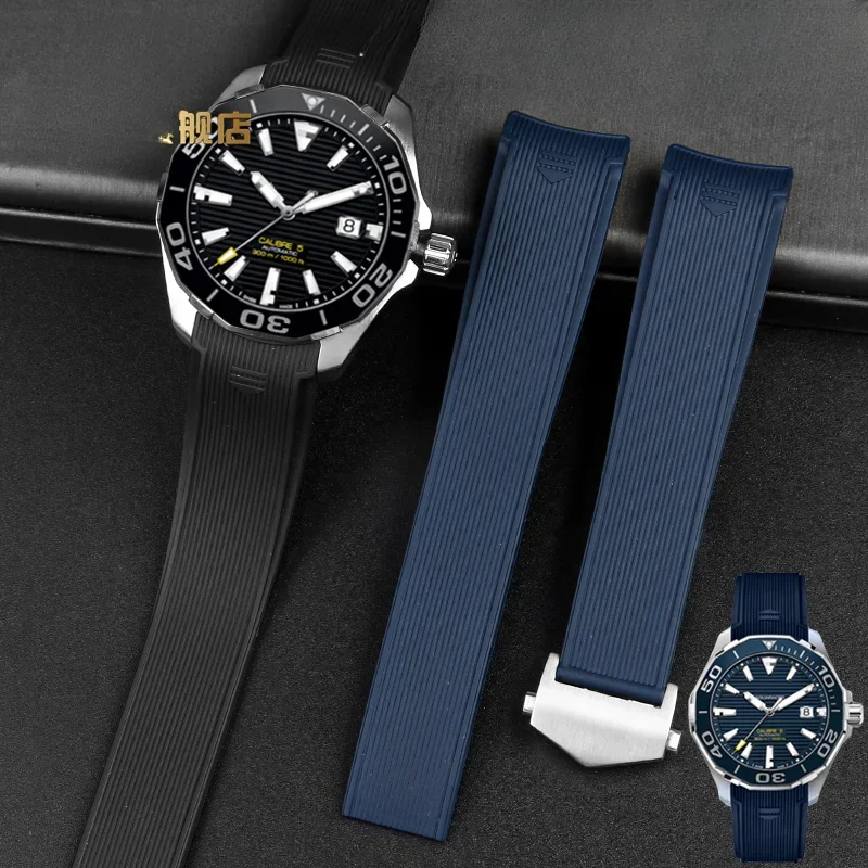 Silicone Watch Strap para Tag Heuer Concept F1, Strap Relógio Mergulho, 300 Rubber Arc Interface, Fold Buckle, Black and Blue Stripe, 22mm Tool