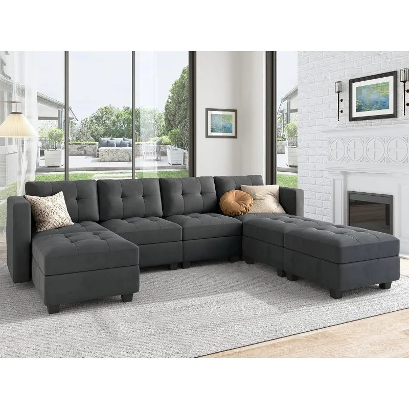 Modular Sectional Sofa Oversized U Shaped Couch with Storage Seat Velvet 7 Seater Modular Sofa with Reversible Chaises, Bluish