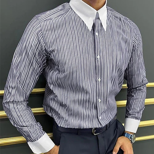 Business Striped Tight Fitting Shirt Long Sleeved Quick Drying Breathable Gym Sports T-Shirt Comfortable Home Shirt MB12