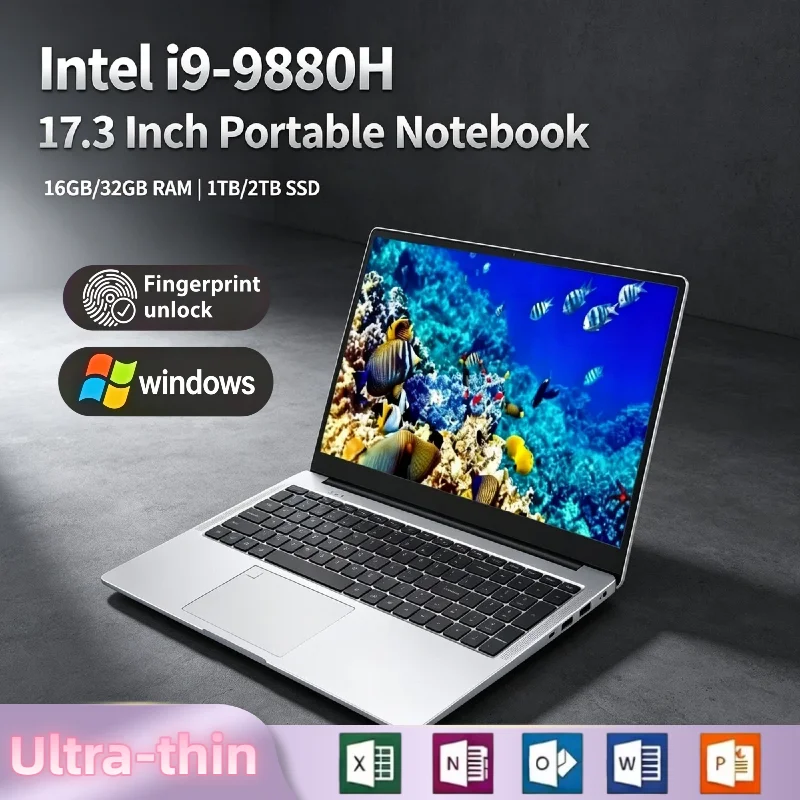 Intel Core i9 9880H 17.3 Inch Full Size Laptop 32GB RAM 2TB SSD Fingerprint Unlock High Performance Work Gaming Pro
