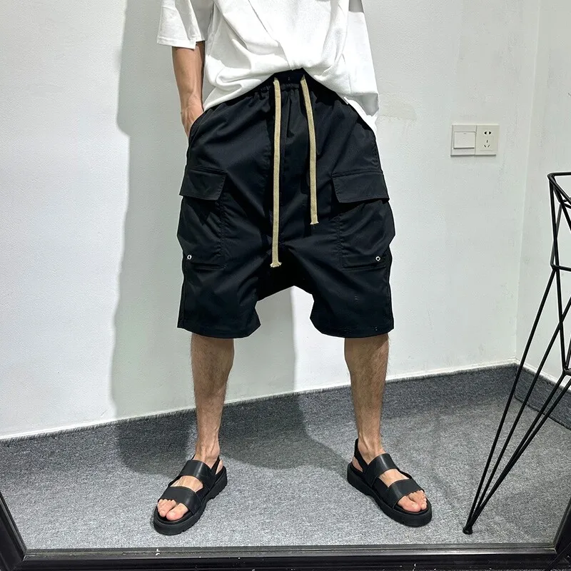 Avant-Garde Dark 2024 Fashion Workwear Loose Shorts Retro Personalized Stretch Hanging-Backed Thin Pants