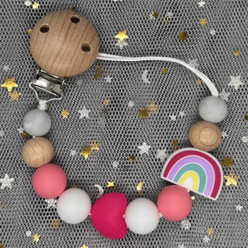 Baby Silicone Pacifier Clips Cute Rainbow Round Beads Dummy Holder Clip for Teether Nursing Chew Toys Soothing Nipple Chain Gift