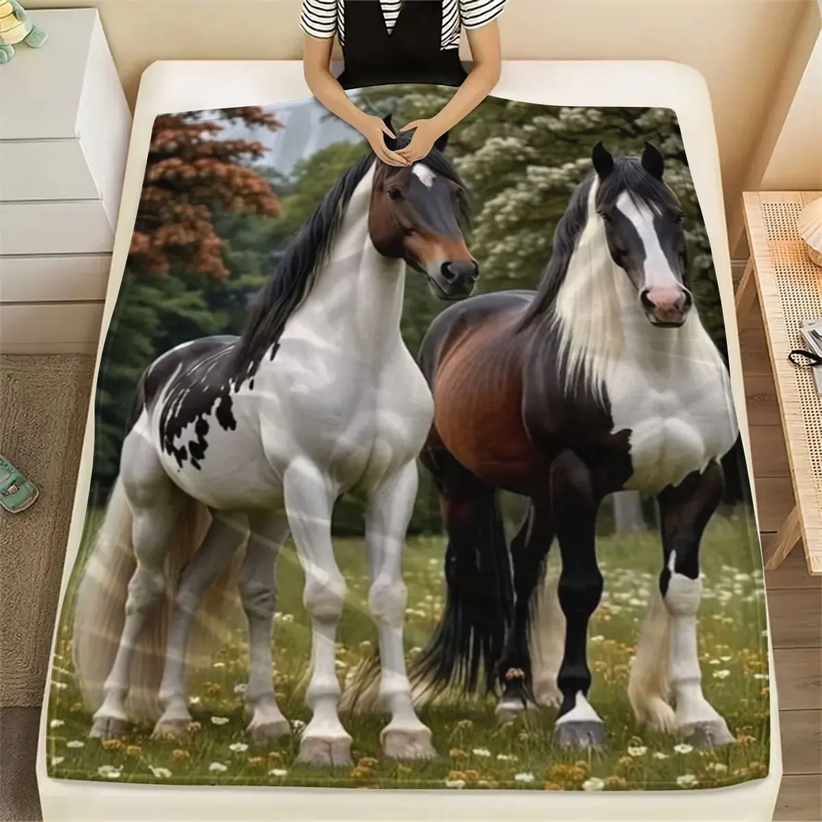 Two Pinto Horses Flannel Throw Blanket Spotted Horses Standing On Wildflower Meadow Nature Art Print Soft Lightweight Blanket
