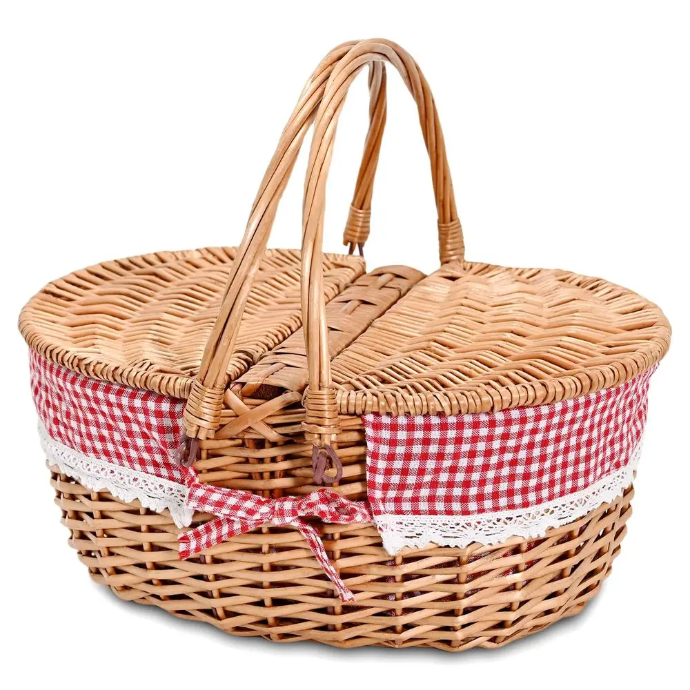 Picnic Basket with Removable Liner Empty Picnic Baskets with Lid for 2, Picnic Hamper with Foldable Handles for Picnic 2,Checker