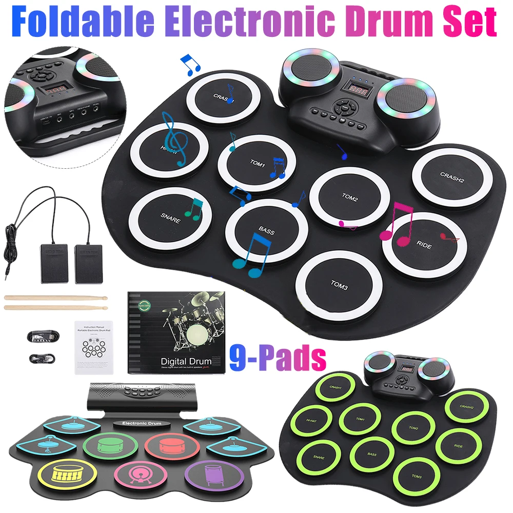 Electronic Drum Set USB Digital Roll-Up Silicon Drums With Drum Stick And Pedal Foldable 9-Pads Drum Practice Pad For Kid Adult