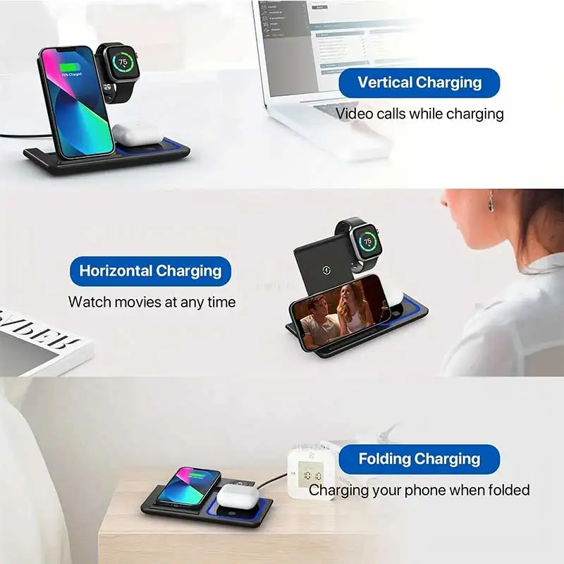 3-in-1 Fast Wireless Charger Stand For iPhone 15 14 13 12 11 Foldable Charging Station for Apple Watch 9 8 7 6 5 Airpods Pro
