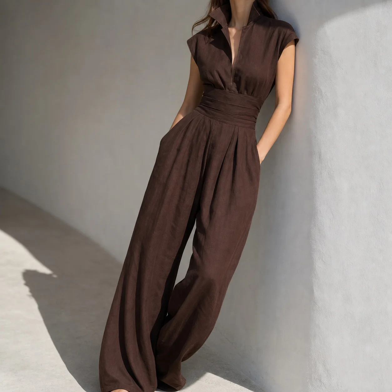 Women's Korean Style Sleeveless Solid Color Loose Fit Mid Waist Woven Thin Casual Pants Jumpsuit for Woman Elegance Women