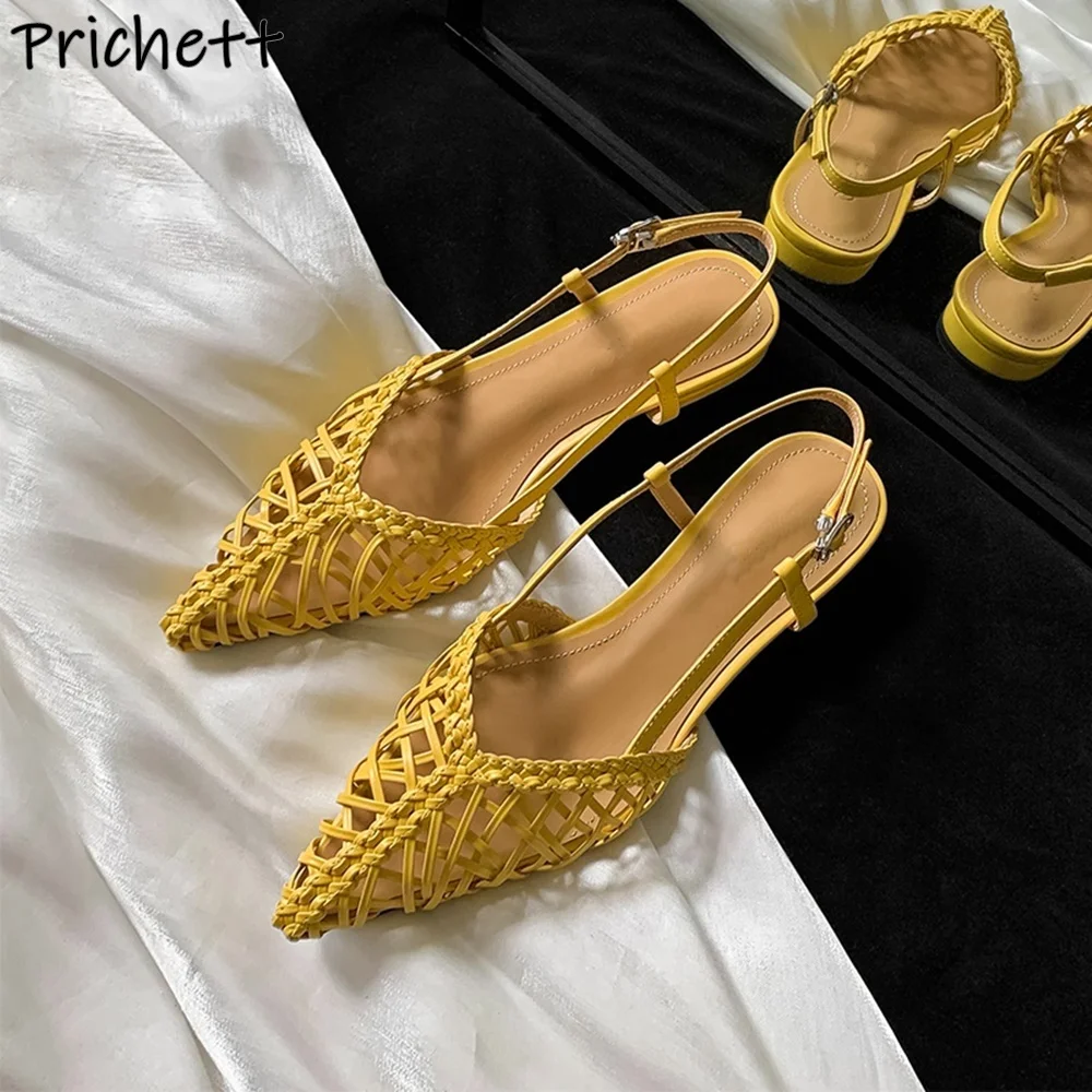 

Weave Flat Sandals Hollow Narrow Band Leather Pointy Toe Buckle Strap Slingback Shoes Women's Summer Elegant Dress Shoes 2025
