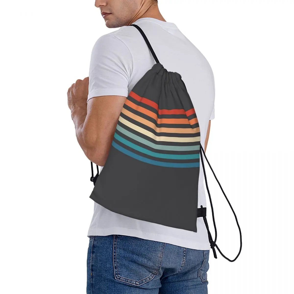 70s Vintage Retro Stripes Backpacks Portable Drawstring Bags Drawstring Bundle Pocket Sports Bag BookBag For Travel Students