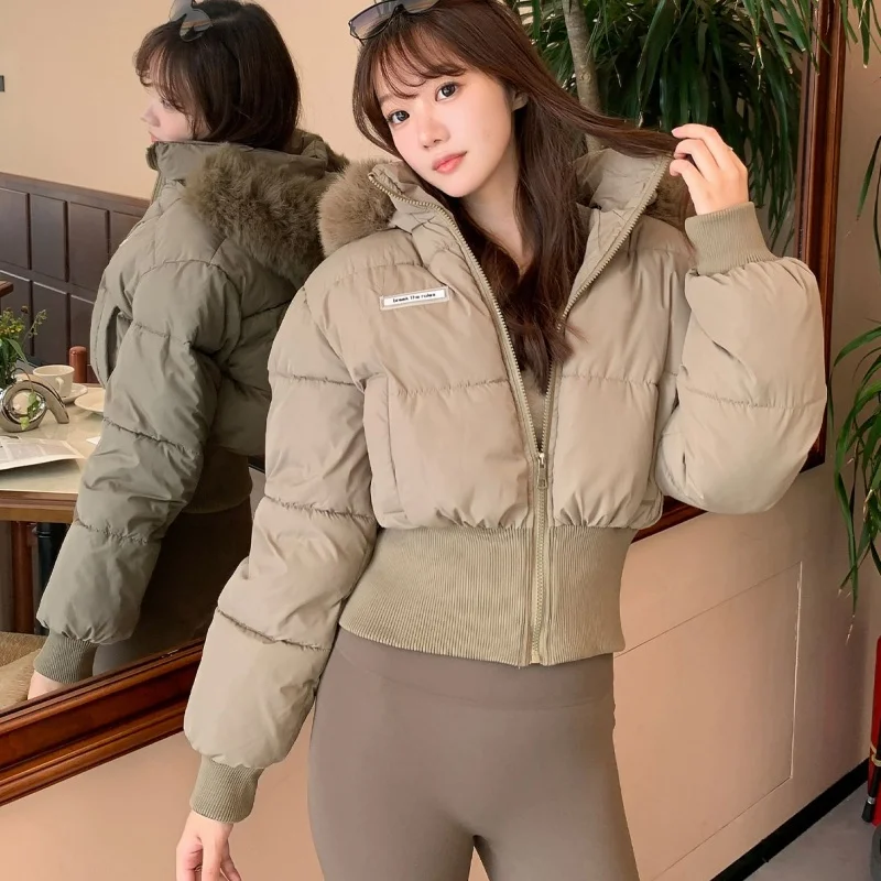 Lady Fashion Khaki Faux Fur Collar Cotton Coat Women Korean Elastic Rib Hem Short Warm Winter Daily Commuter Padded Jacket