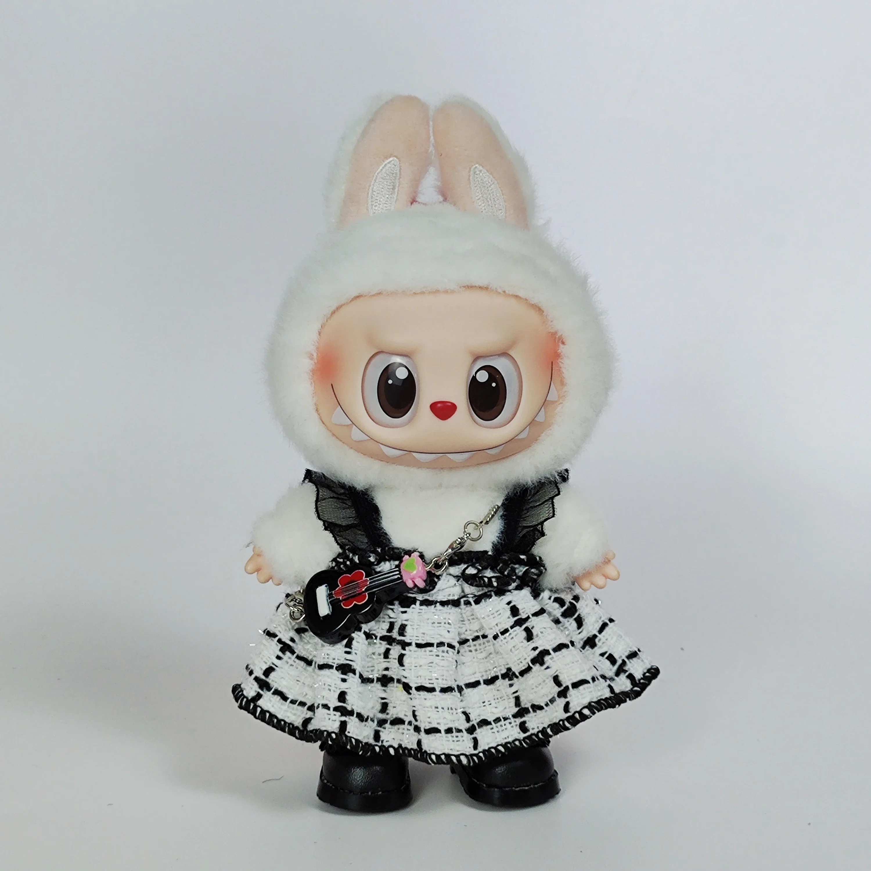 Clothes for Labubu   Hanging Outfits - Sitting Doll White Patchwork Plaid Pinafore Dress (Chanel-style)