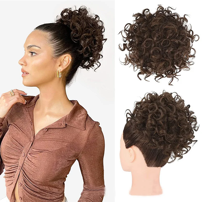 Short Puffy Curly Bun Ponytail Extensions 10inch Messy Curly Elastic Drawstring Chignon Buns for Women Brown Synthetic Fake Hair