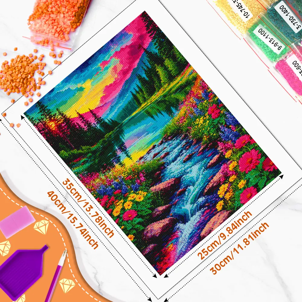 Huacan 5D DIY Diamond Painting Rainbow Stream Flower Sea Mountain Forest Diamond Embroidery Landscape Complete Kit Handmade Gift