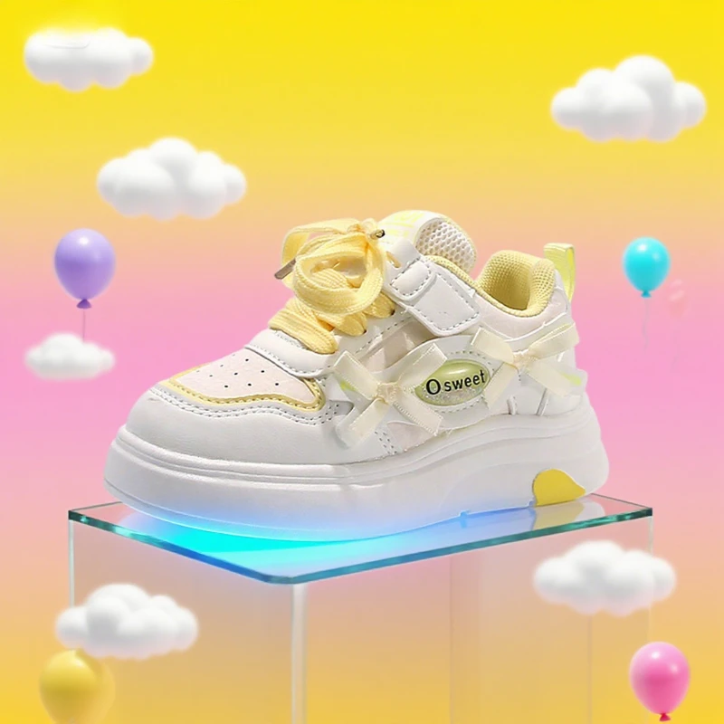 

Children's White Shoes 1-8 Years Old Yellow Bow Girls Casual Board Shoes Four Seasons Models Pink Soft Students Kids Sneakers