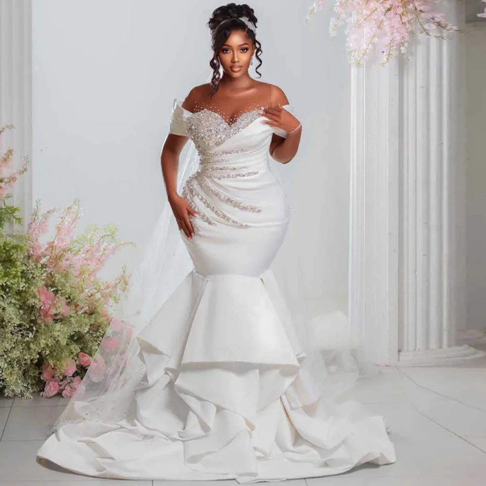 

Customized Mermaid Wedding Dresses 2025 Off the Shoulder Beaded Sequin Bridal Gown Ruffles Bottom Satin vestidos de novia