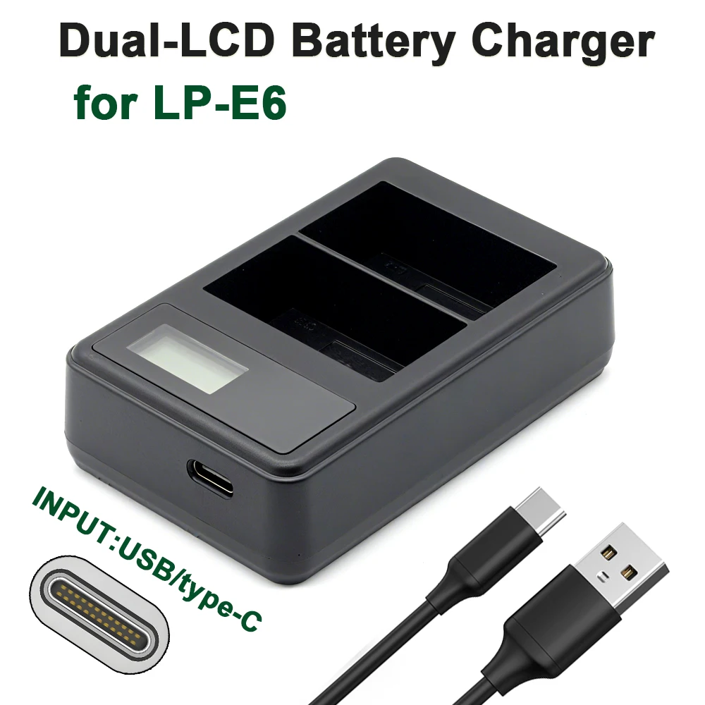 LP-E6 battery charger dual slot, suitable for Canon camera battery charging EOS R7, EOS E6, EOS R5, EOS R, 90D, 80D, 70D, etc.