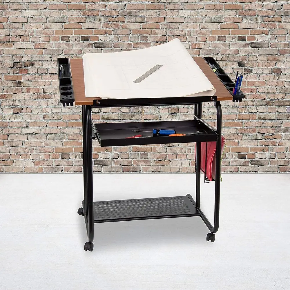 Adjustable Cherry Wood Dining Table with Black Edge and Dual Wheel Casters