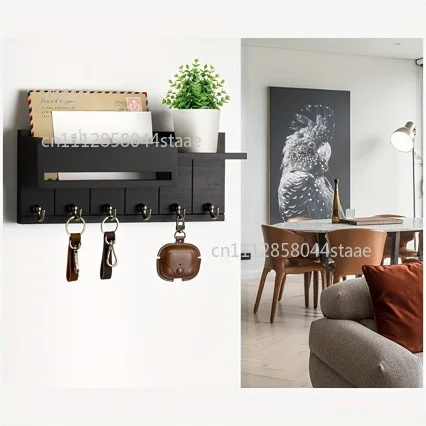 Wall Mounted Key Holder with Mail Organizer, Wooden Entryway Rack with Hooks & Shelf