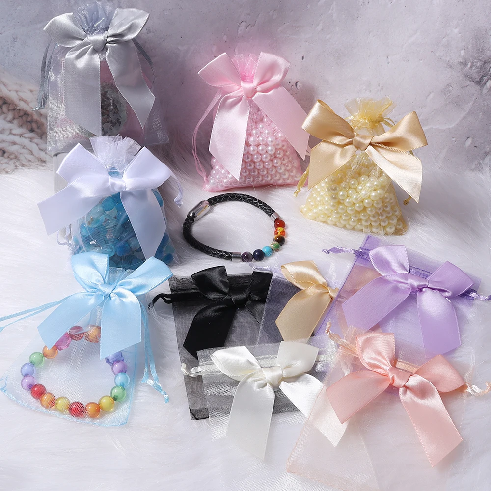 5pcs 9x12cm Organza Gift Bag Bowknot Organza Bags Christmas Party Wedding Candy Bags Exquisite Jewelry Packing Drawstring Pouch