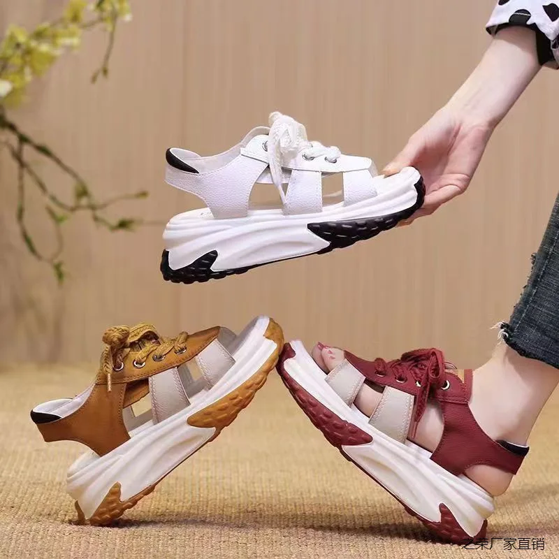

2025 Hot Seller New Hollowed Out Fish Mouth Sponge Cake Bottom Soft Leather Thick Bottom Casual Height Increasing Womens Sandals