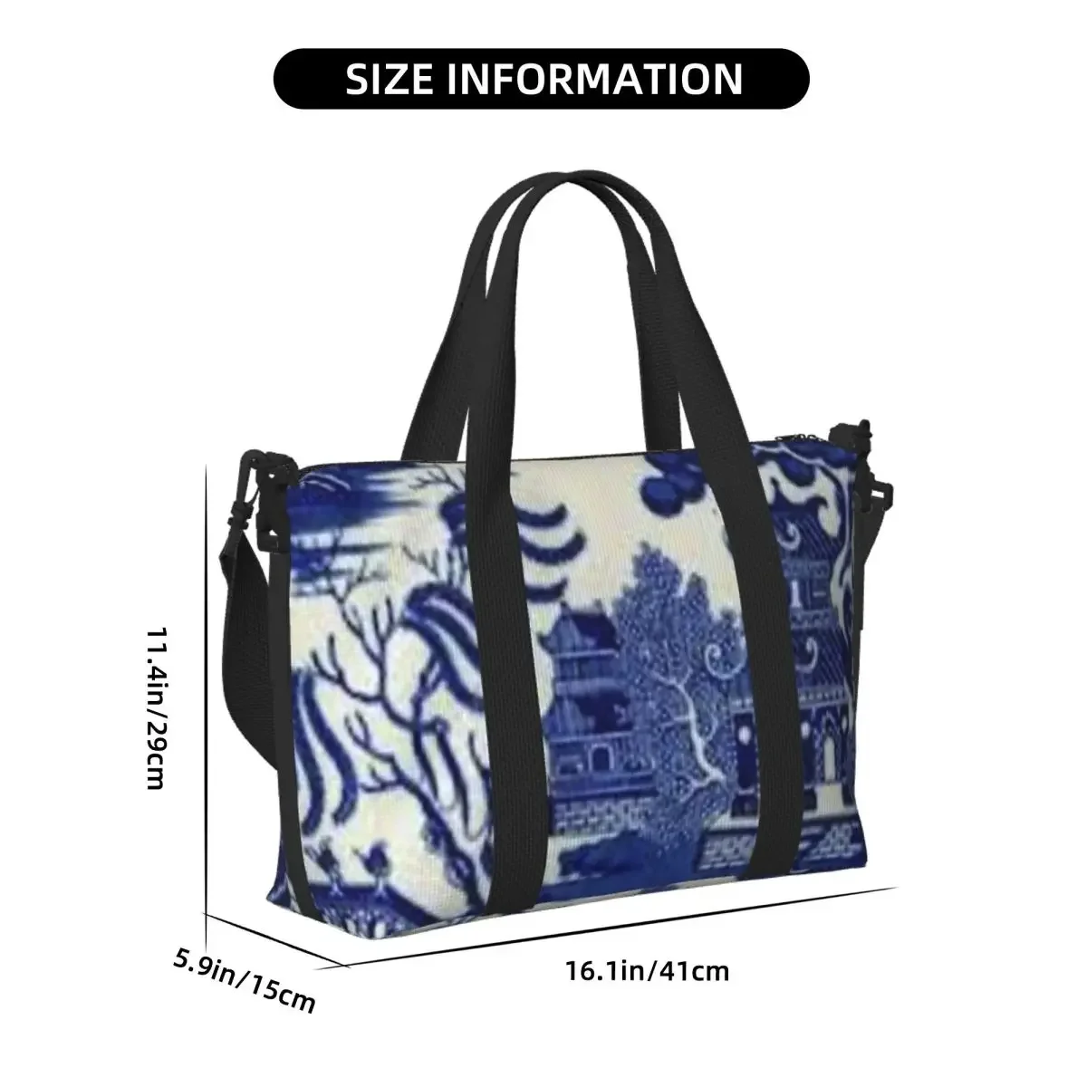 Custom Blue Willow Pattern Coasters Beach Travel Bag Large Capacity Tote Bags For Gym Sport Women Shopping Duffle Shoulder Bag