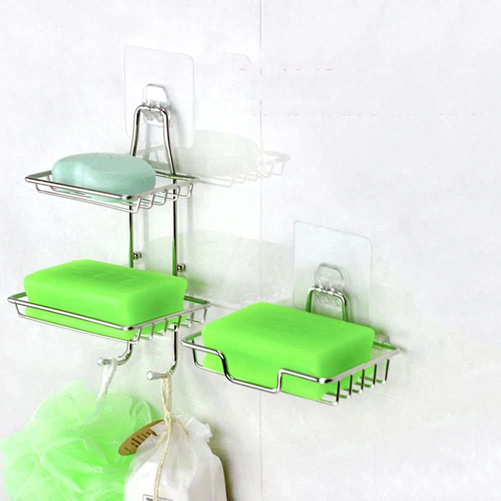 

2pcs Stainless Steel Mounted Holder Punch Free Draining Soap Dish For Bathroom Kitchen Soap Storage Shelf
