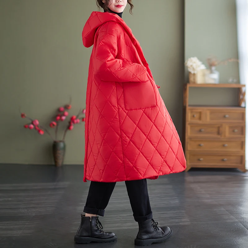 Women\'s Padded Long Jackets Free Shipping Diamond Check Winter Fur Coat with Pile Loose Outerwears Large Size Oversized