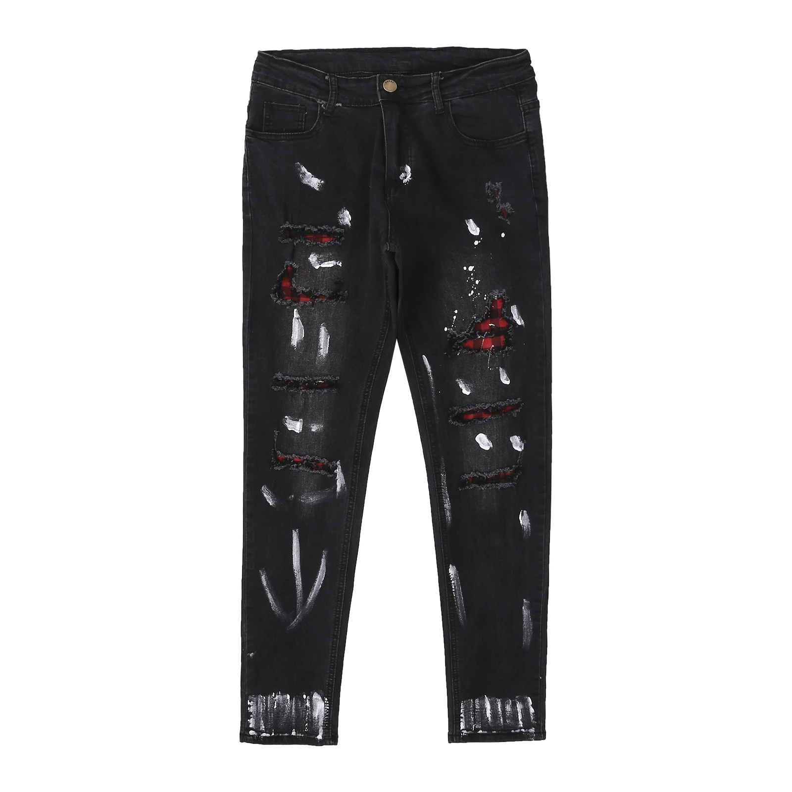 Calça jeans afligida masculina, jeans slim fit rasgado, buracos destruídos, elástico, magro, Vetro, anos 90