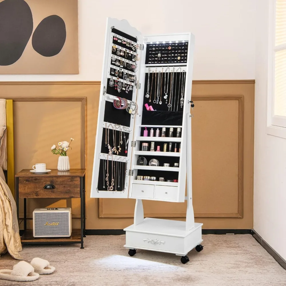 

Шкаф для ювелирных изделий на колесиках с зеркалом в полный рост, запираемый шкаф со светодиодной подсветкой и колесами, белый органайзер для ювелирных изделий