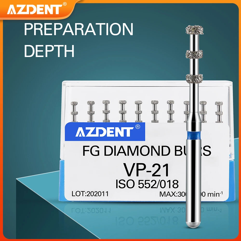 Dental FG Diamond Burs VP-21 AZDENT Preparation Depth Marking Medium Grit 1.6mm for High Speed Handpiece 300,000RPM Autoclavable