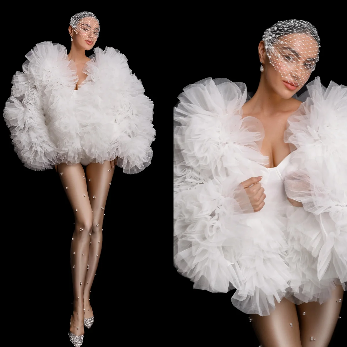 

Short Puffy Tulle Wedding Dress Robe Customized Bridal Robes Long Sleeve Lingerie Women Gowns Boudoir Bathrobe