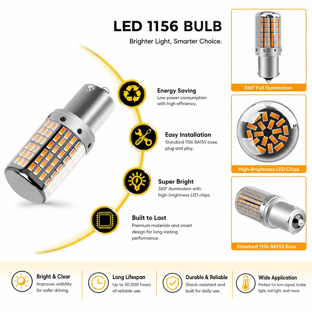 2Pcs 12V Car LED Turn Signal Lights Built-in CANBUS Decoder Anti-flicker 360 Degree Lighting IP65 Waterproof Lamps