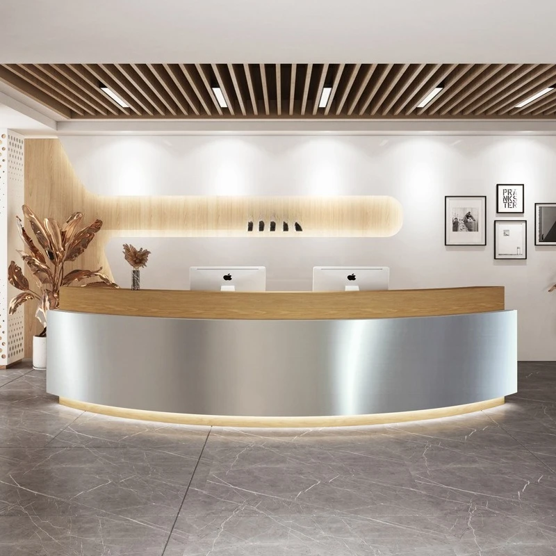 Barber shop checkout page Beauty salon Stainless steel curved bar counter Welcome reception Company front desk