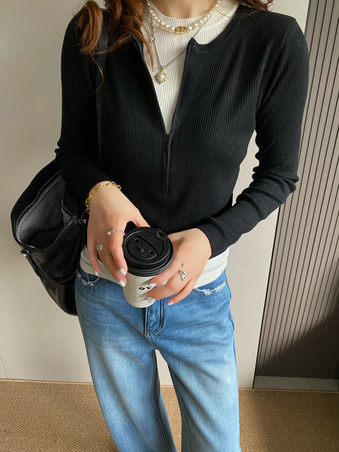 

Slim Fit f Zip Splice Knitted Sweater Women's Autumn Winter New Sle Long Sve Top False Two-Piece Soft Korean Sle