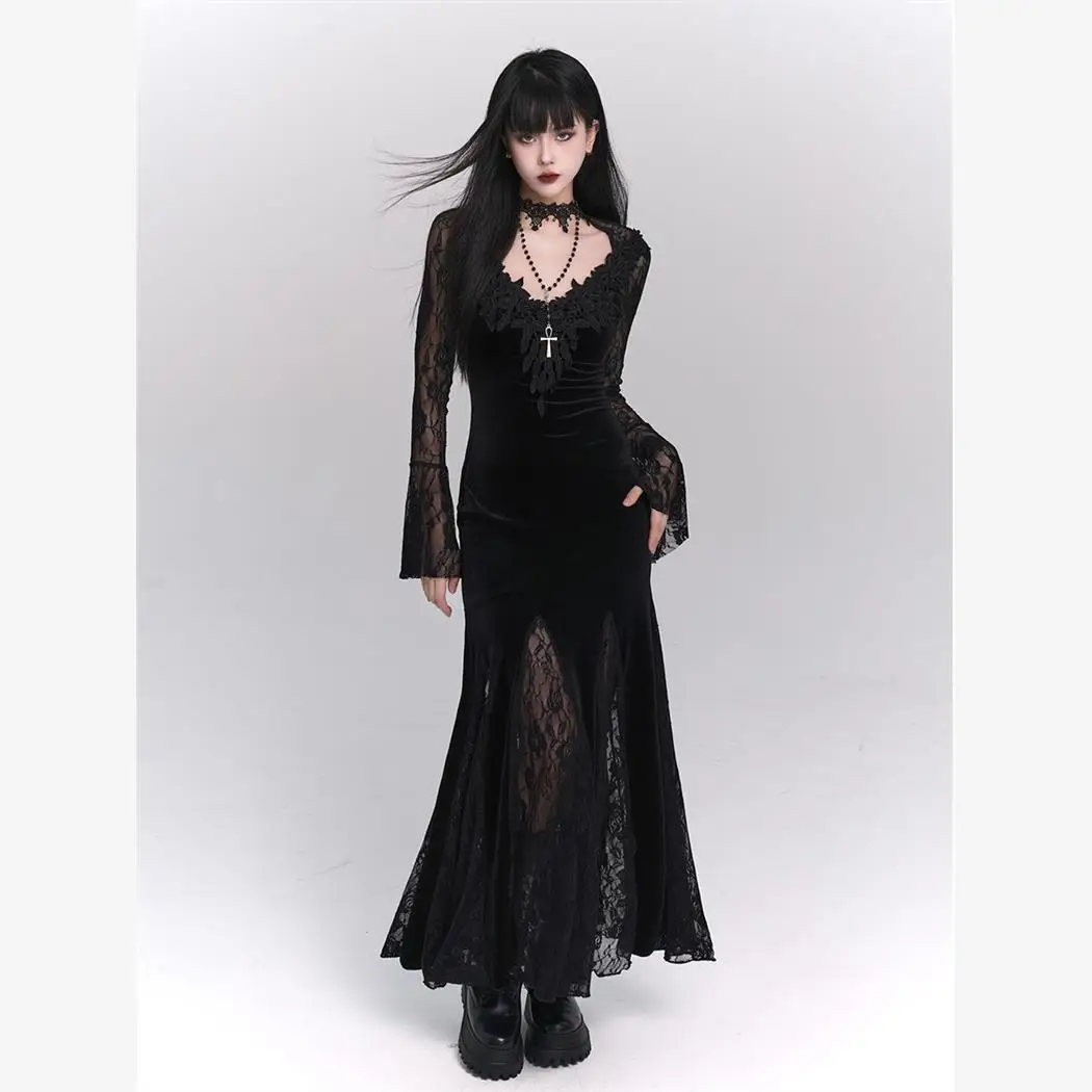 

Ghost Girl Y2K Velvet Dr Bla Lace Waist-Cinching Long Dr Birthday High-End Pure Desire Cool Sle Spring Faion Wome...