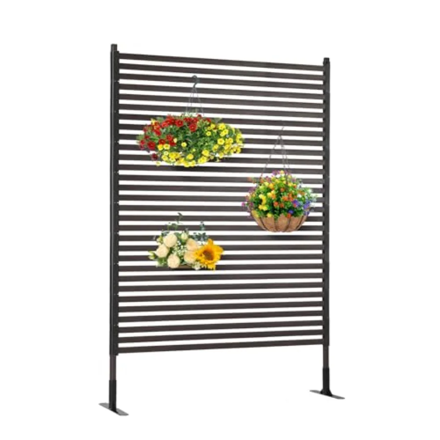 

Metal Outdoor Privacy Screen with Stand 3.6 ft W x 6 ft H PE-Coating Steel Pipes and Slats Panels Decoative Privacy Screen Fenc