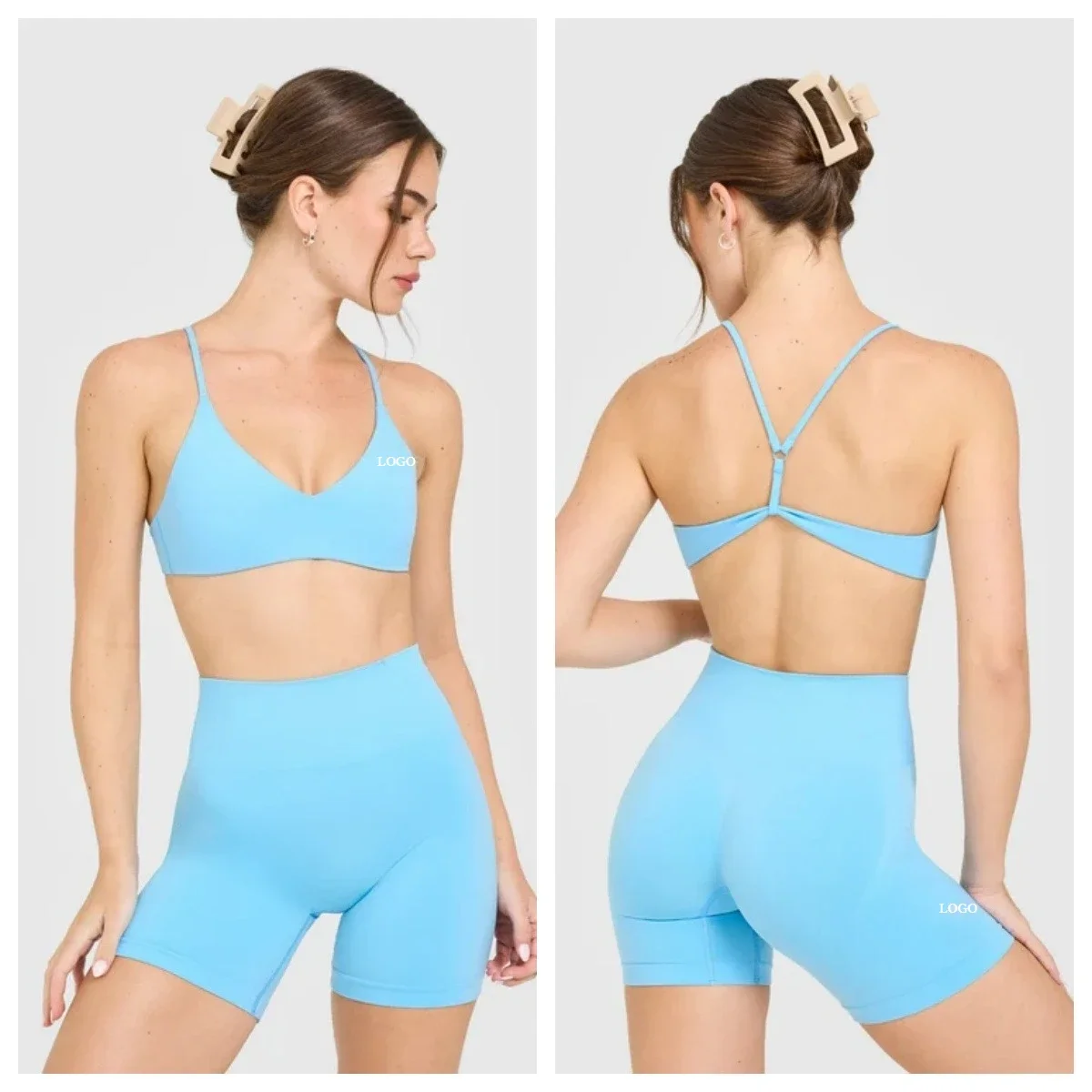 LOGO Women V Neck Thin Adjustable Strap Sports Bra Back Buckle Y Back Seamless Workout Top Soft Stretch Yoga Fitness  Activewear
