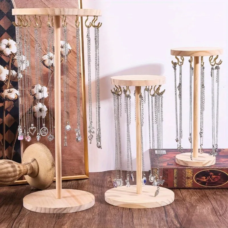 Solid Wood Jewelry Display Organizer Holds Necklaces Earrings Bracelets with Metal Hooks Wooden Desktop Stand Storage Rack