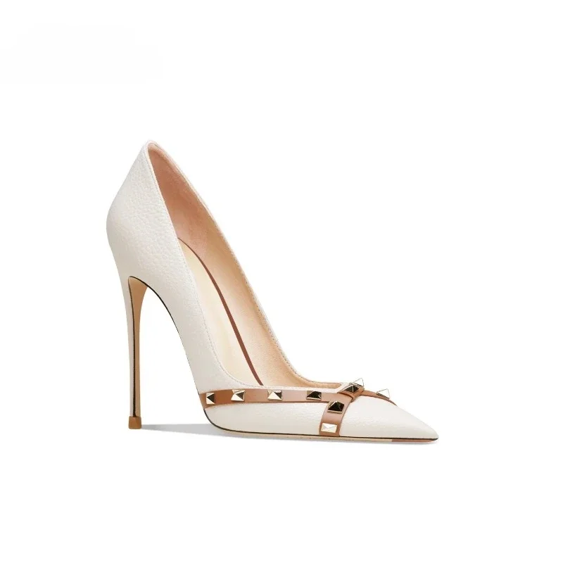 New Fashion Rivet off white High Heels for Women with Thin Heels Sharp Pointed Shallow Mouth, Versatile Style, Single Heel Shoes