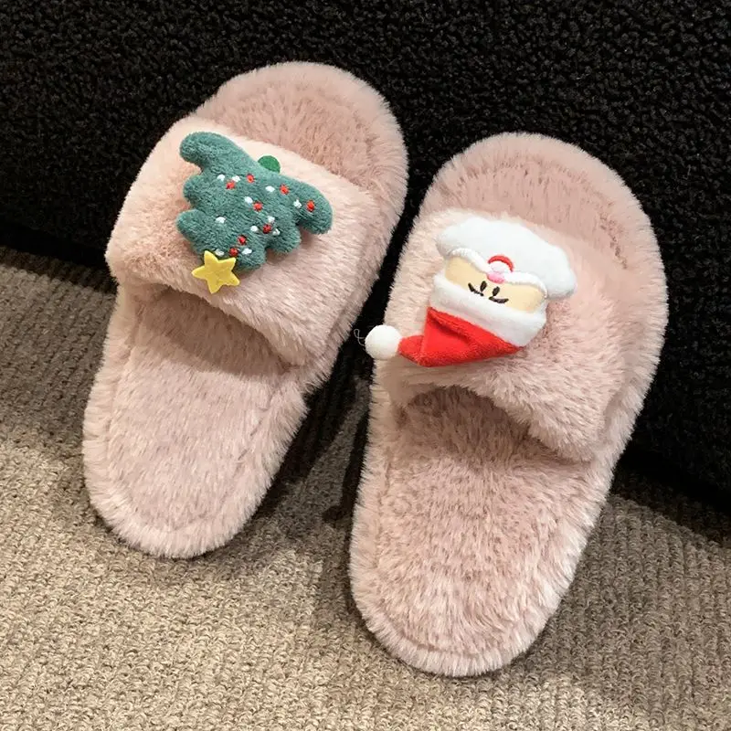 

Girls Christmas Furry Slippers Soft Sole Indoor Autumn and Winter Comfortable Cotton Kids Slippers