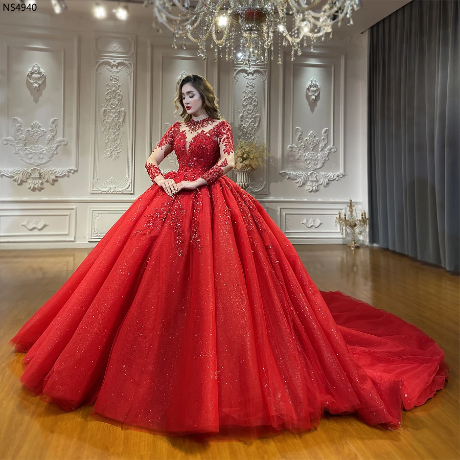 wedding dress red colour Sequins Lace Ball Gown Long Sleeves Lisposa Trend Collections Ball Gown Red Colour Bridal