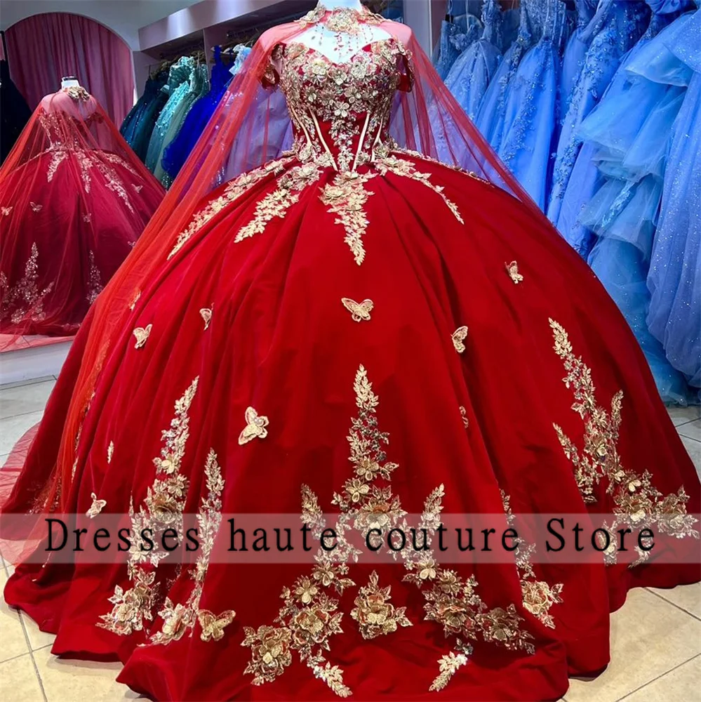 Vestido De baile rojo elegante para quinceañera, vestido De terciopelo con capa, hombros descubiertos, Apliques De encaje, cuentas, dulce 16, 15