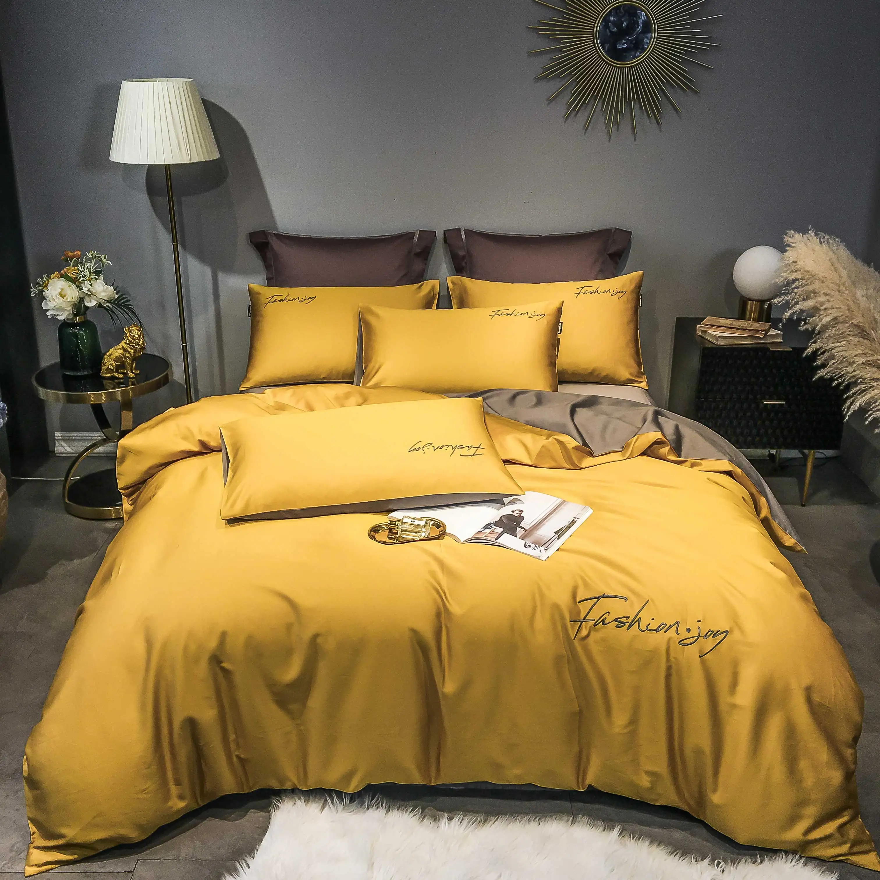 

2022 Long-staple Cotton Four-piece Bed Linen New Stitching Embroidery Plain Color Cotton Bedding Light Luxury Style Yellow Color